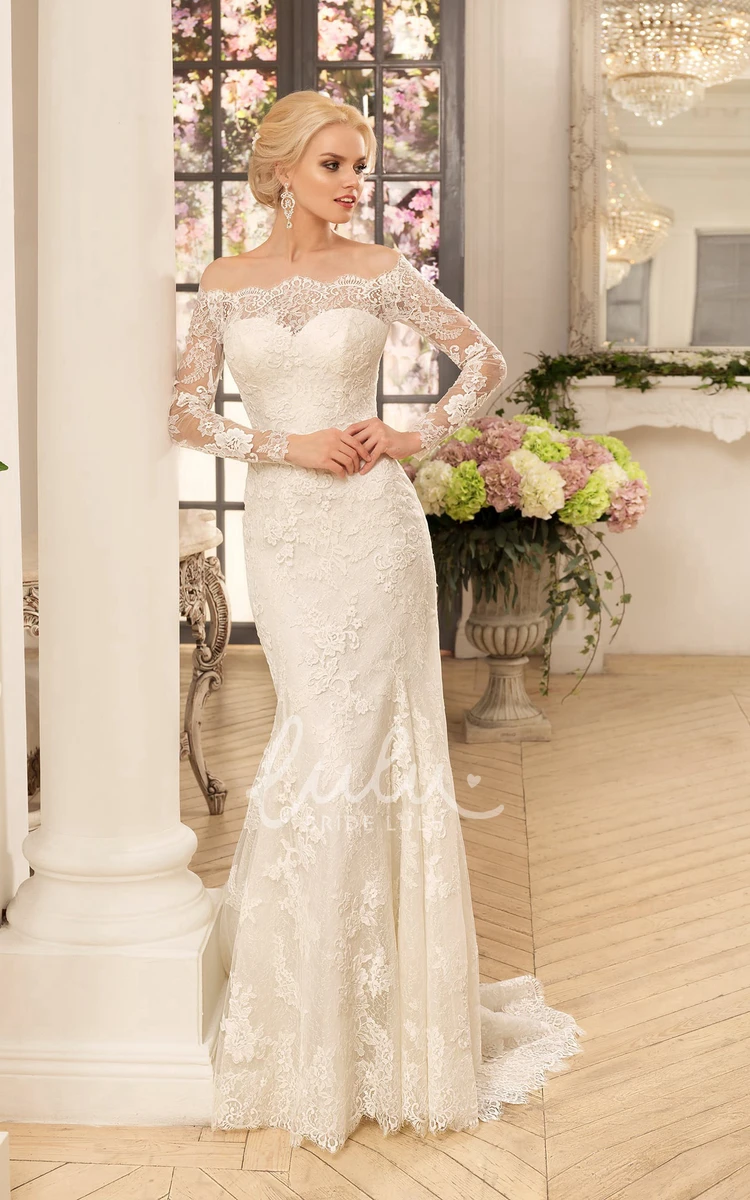 Off-Shoulder Lace Applique Sheath Wedding Dress Long Sleeve