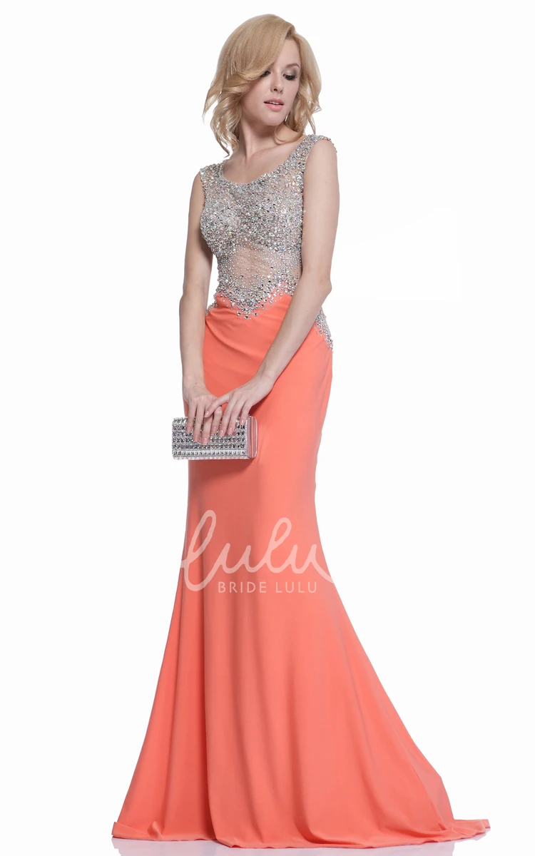 Sleeveless Jersey Illusion Formal Dress with Beading and Scoop Neck