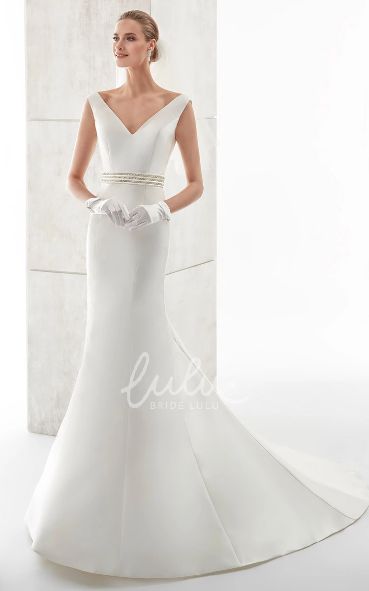 Low V-Back Satin Wedding Dress with Sweetheart Neckline and Beaded Belt