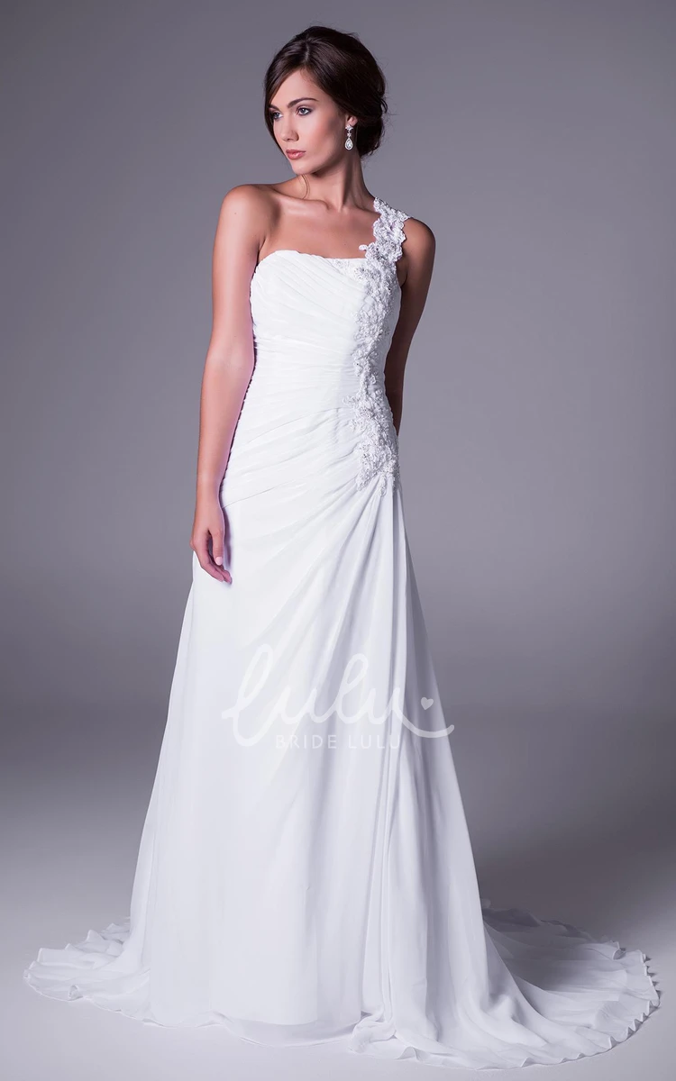 Ruched Chiffon One-Shoulder Wedding Dress Floor-Length Brush Train