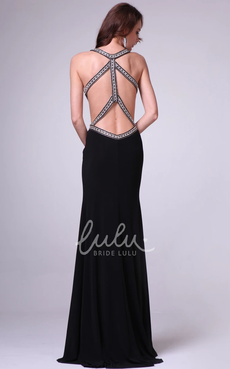 V-Neck Jersey Formal Dress with Split Front and Beading Sheath Straps Sleeveless