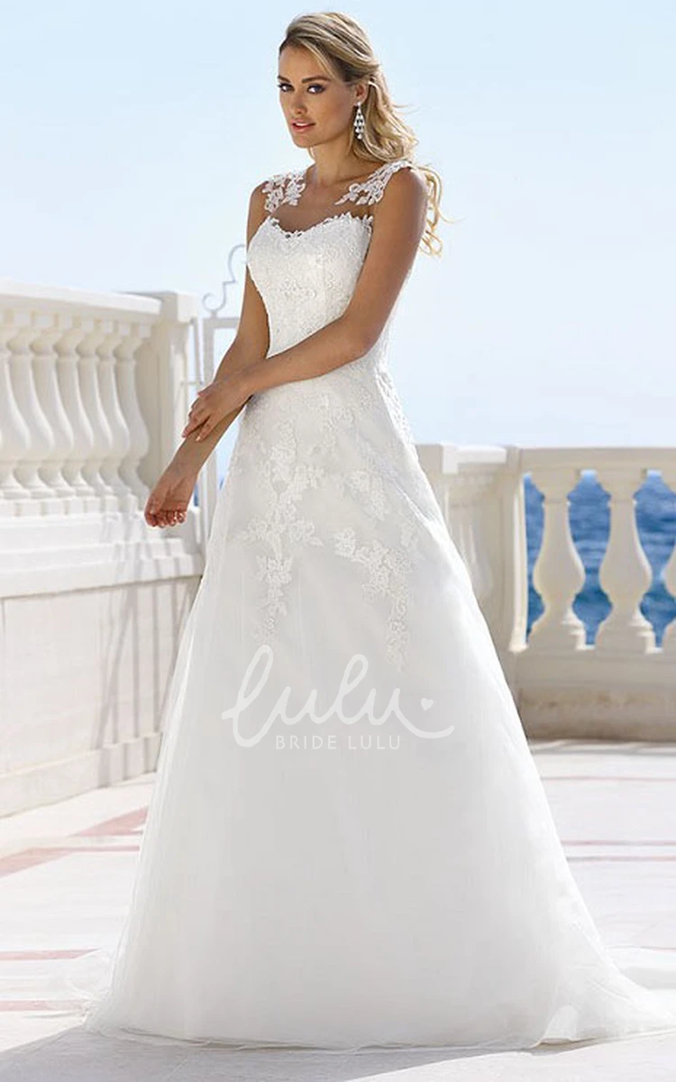 Long Satin V-Neck Wedding Dress with Illusion and Appliques