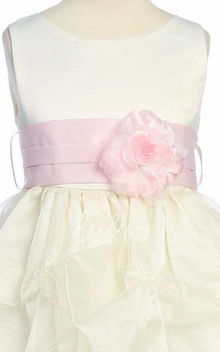 Organza & Satin Ruched Tea-Length Flower Girl Dress with Flowers