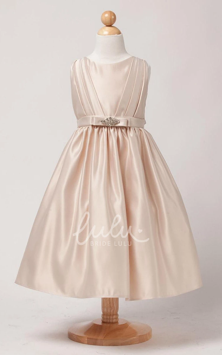 Satin Flower Girl Dress with Beaded Pleats and Tiered Skirt