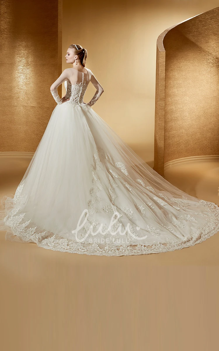 Long-Sleeve Ball Gown with Jewel Neck and Court Train Fabulous and Elegant