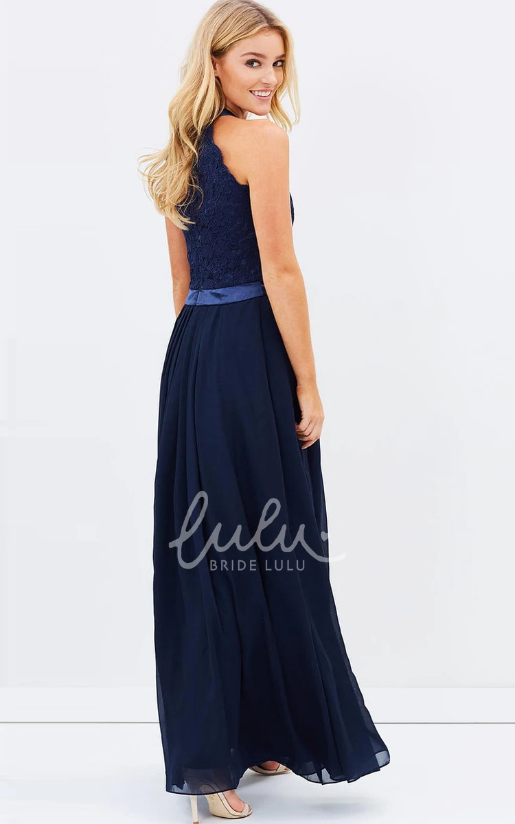 Appliqued Sleeveless A-Line Bridesmaid Dress with Ankle-Length and Zipper Back Flowy Bridesmaid Dress