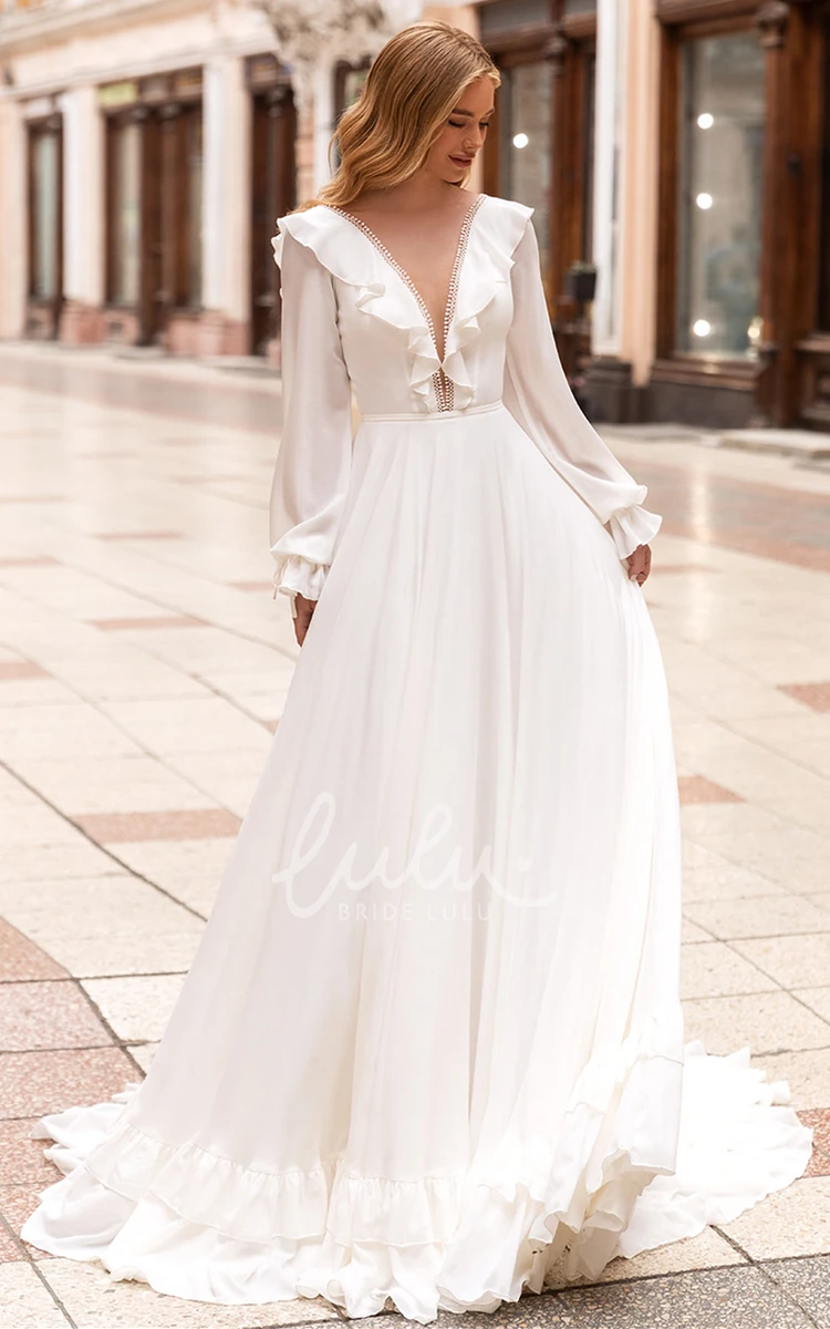 Chiffon V-neck A Line Wedding Dress with Ruching and Court Train Elegant and Flowy