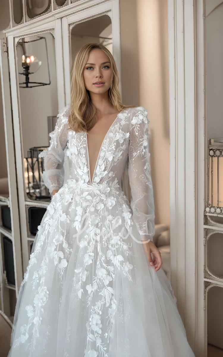 Modern Elegant A-Line Long Sleeve Winter Lace Wedding Dress Sexy Romantic Plunging Neckline Appliqued Long Train Bridal Gown