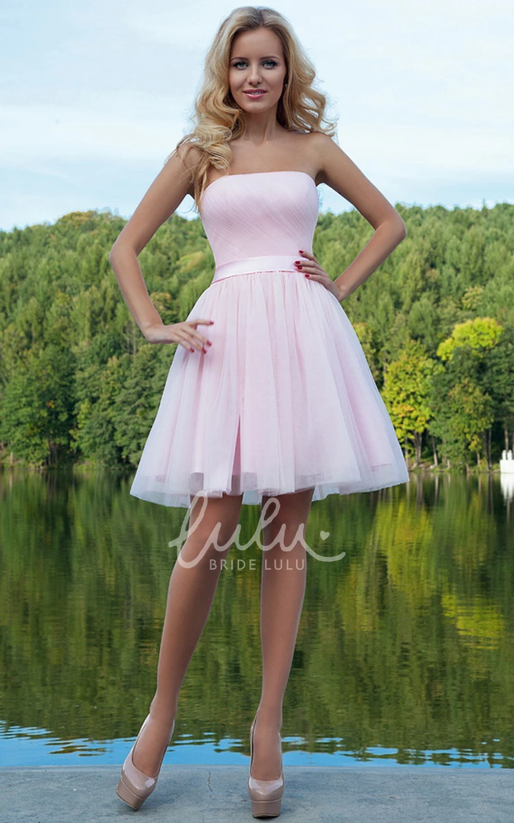 Strapless Ruched Tulle Prom Dress with Ribbon Short & Elegant