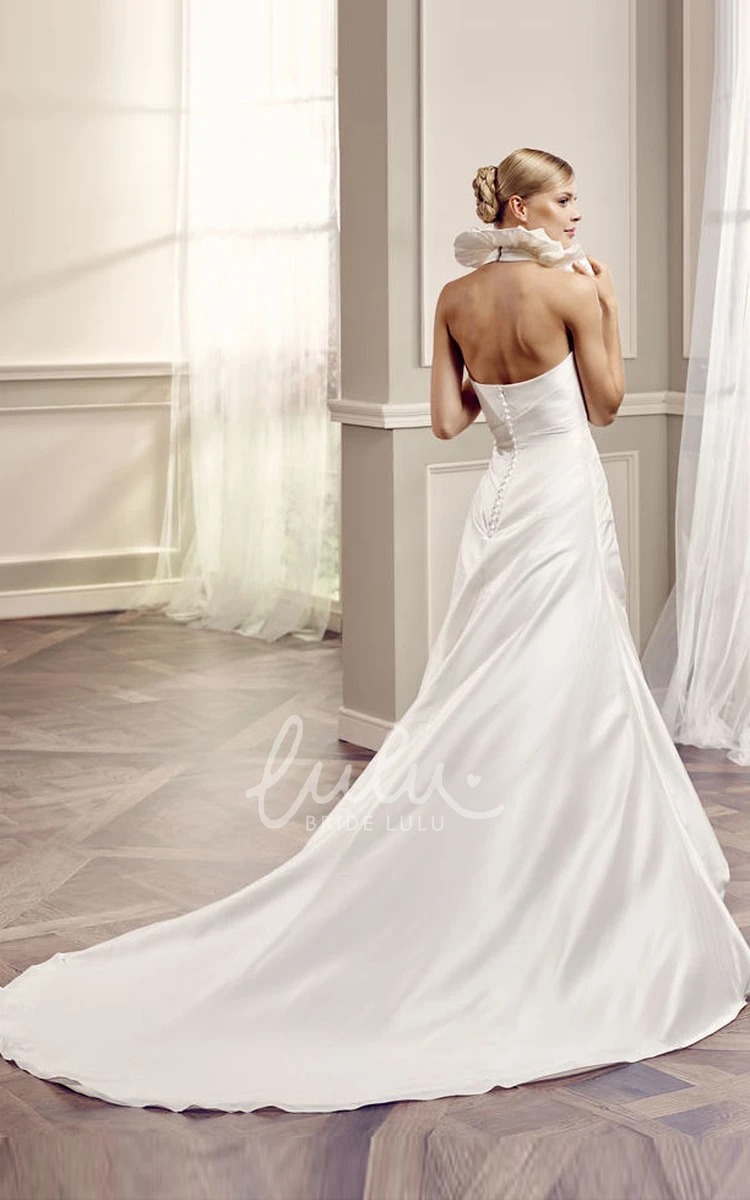 Ruffled Satin Wedding Dress with Backless Style and Side Draping A-Line V-Neck