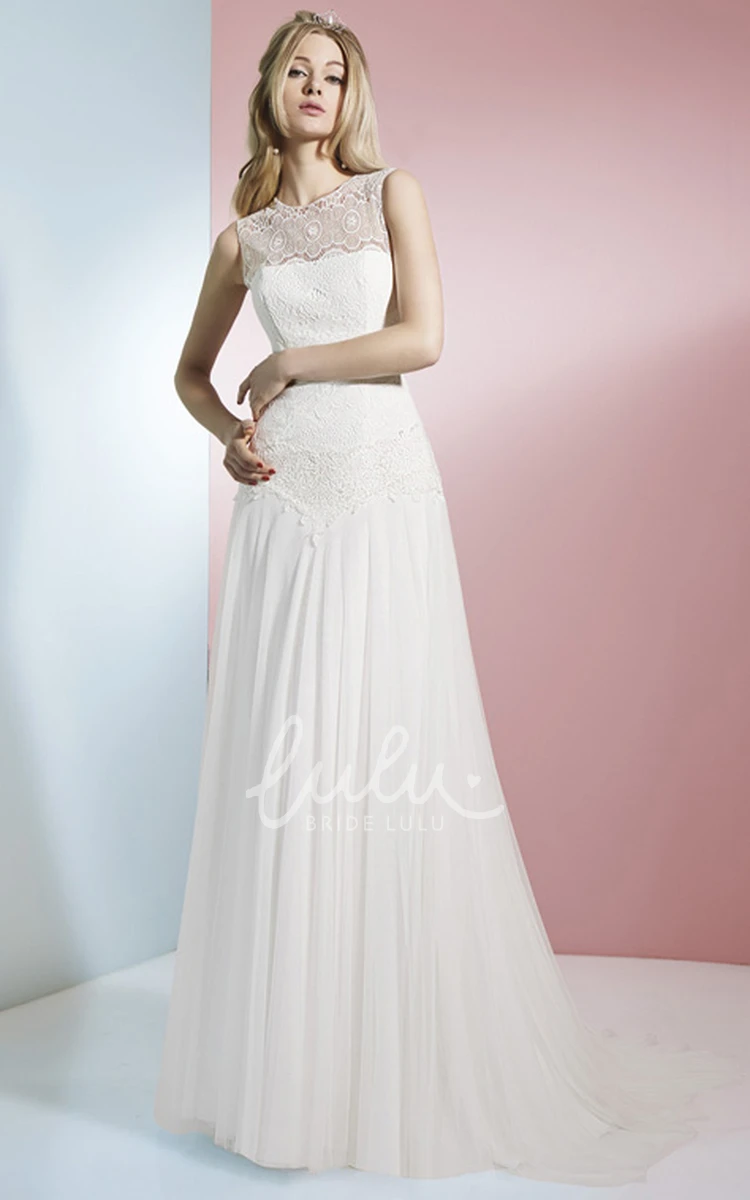 Sleeveless Lace Chiffon Wedding Dress with Illusion Back Jewel A-Line