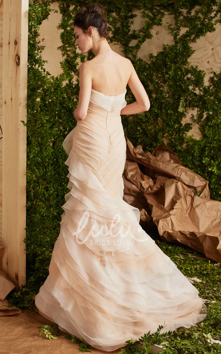 Sheath Organza Strapless Wedding Dress with Ruching Long Sleeveless Tiered + Elegant