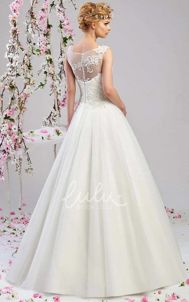 Maxi Scoop-Neck Tulle&Satin Wedding Dress A-Line Sleeveless with Appliques