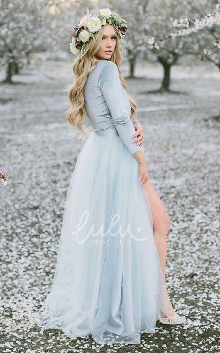 Bohemian Long Sleeve A-Line Formal Dress with Tulle and Split Front Unique & Flowy