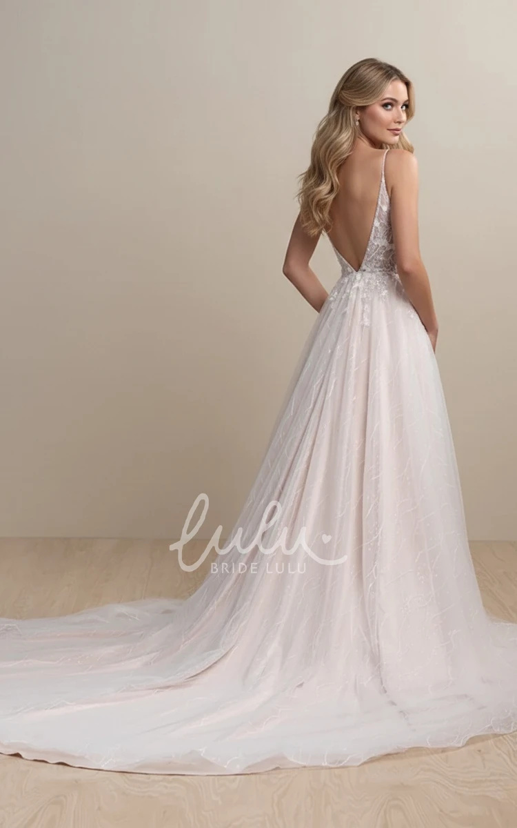 Princess Beach A-Line Boho Spring Wedding Dress Sparkly Sexy Sequins Straps Plunging Neckline Appliqued Tulle Bridal Gown with Train