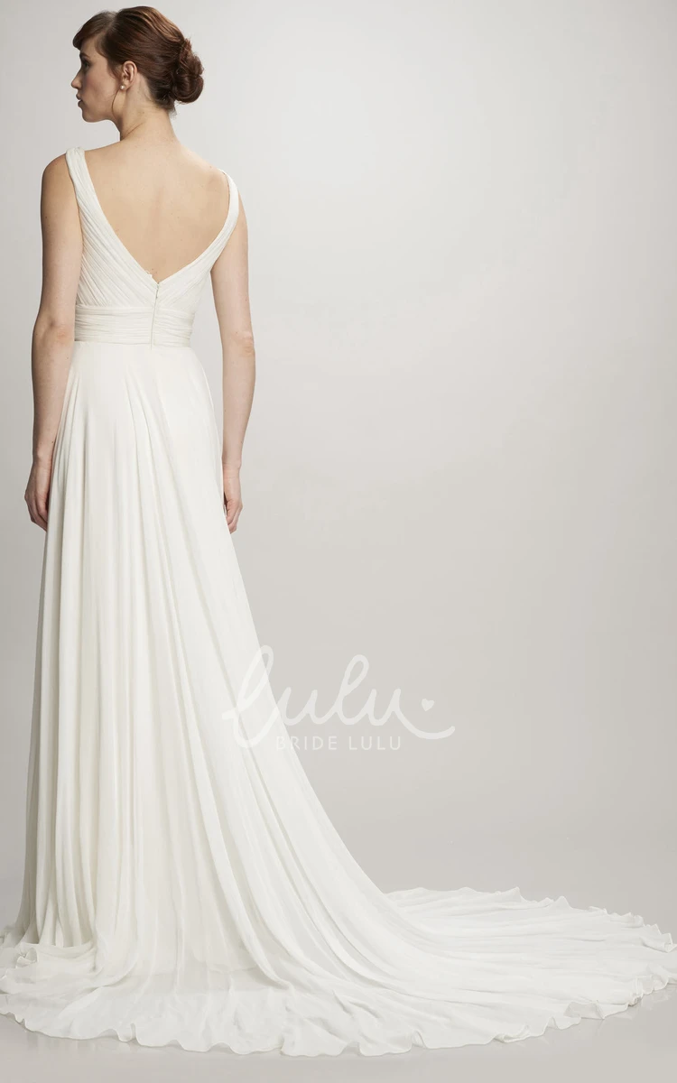 Chiffon V-Neck Wedding Dress with Ruched Bodice and Court Train Modern Bridal Gown