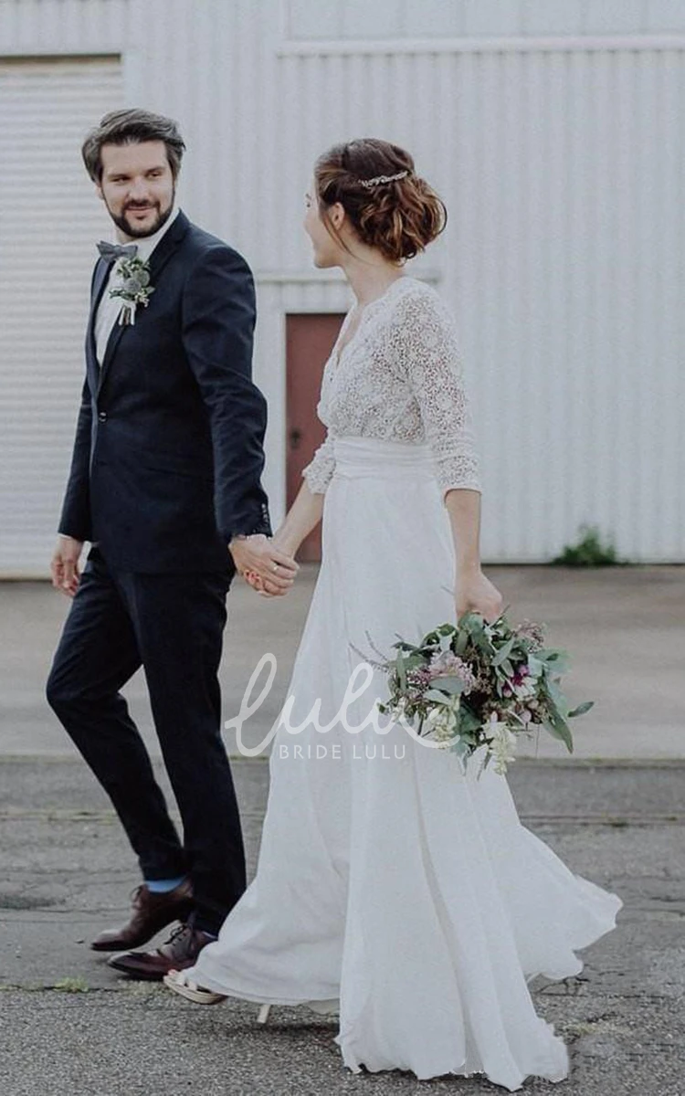 Chiffon and Lace Scalloped Plunging Wedding Dress Ethereal & Modern
