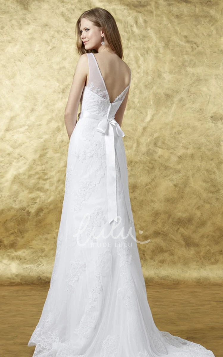 Sheath Lace Wedding Dress with Appliques and Bow Sleeveless Floor-Length Waist Jewelry