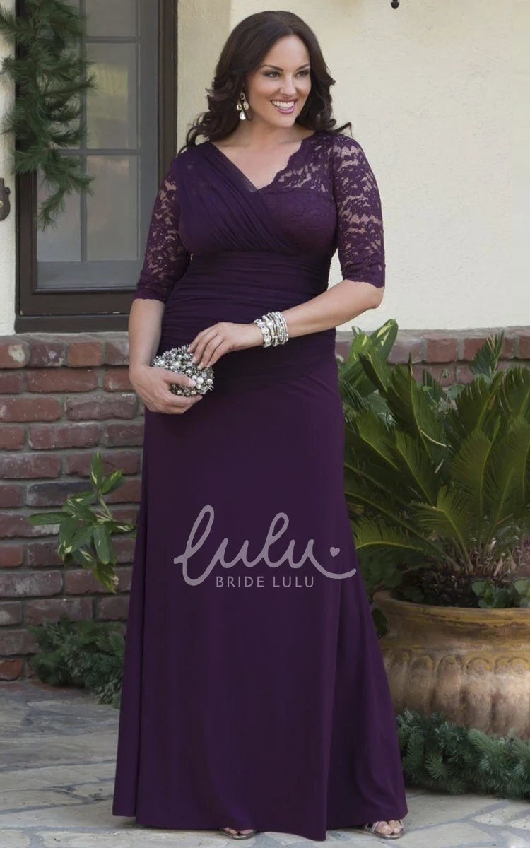 Sheath Gown with Lace and Tulle Tiered Applique V-neckline Jersey Fabric 3/4 Sleeves