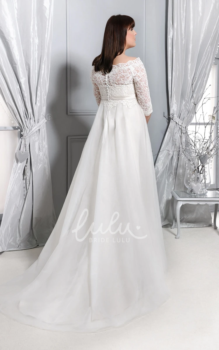 Illusion Half-Sleeve Lace Wedding Dress with Pleated Bateau Neckline