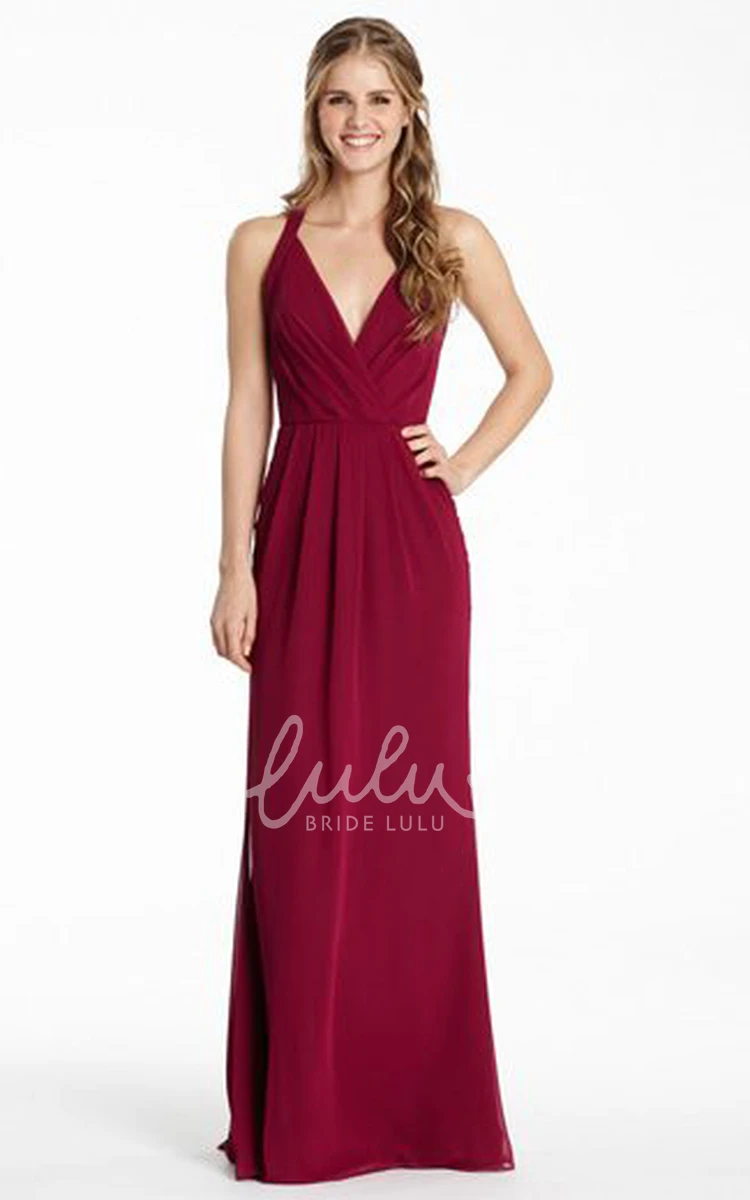 Halter Pleated Chiffon Bridesmaid Dress with Straps and Elegant Sheath Silhouette