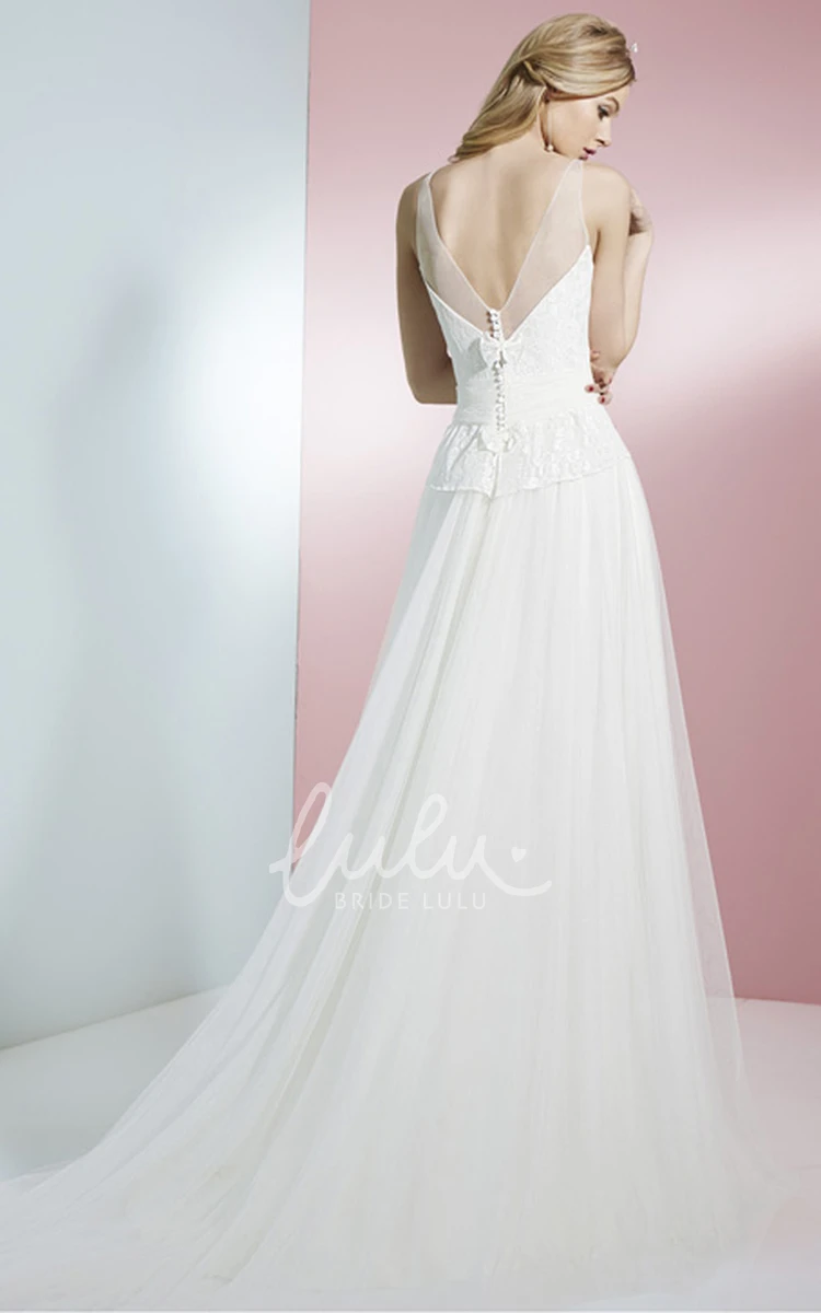 V-Neck Tulle Wedding Dress with Brush Train and Bows Floor-Length Appliqued