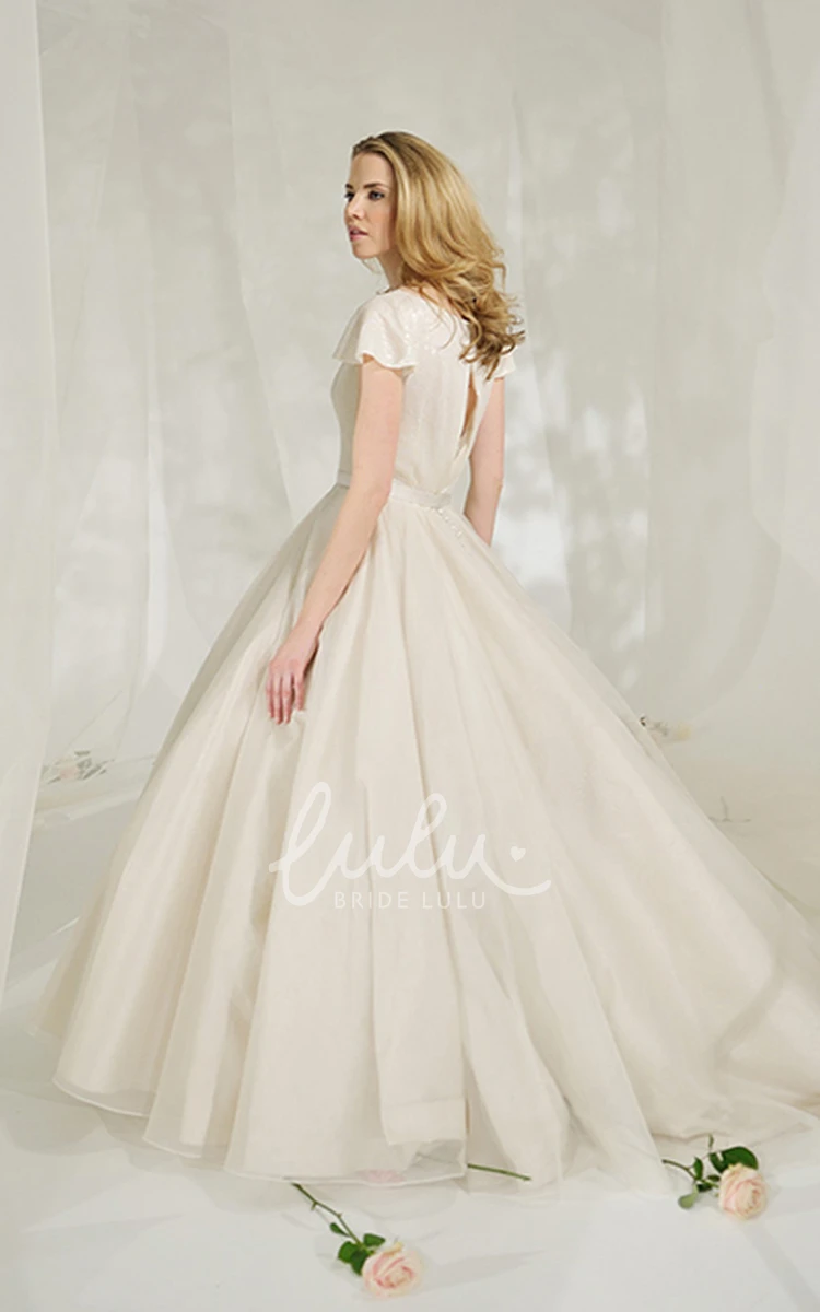 Jewel-Neck Tulle&Satin A-Line Wedding Dress with Poet Sleeves