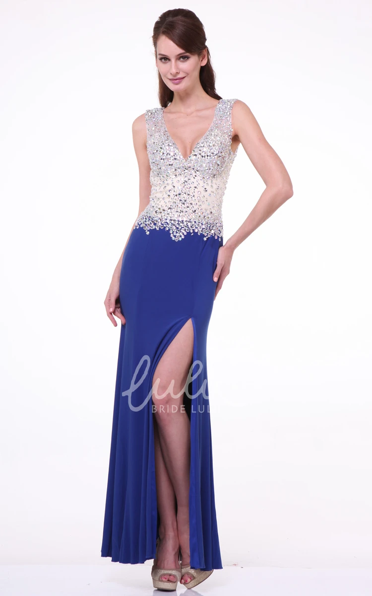 V-Neck Sleeveless Sheath Prom Dress with Beading and Split Front