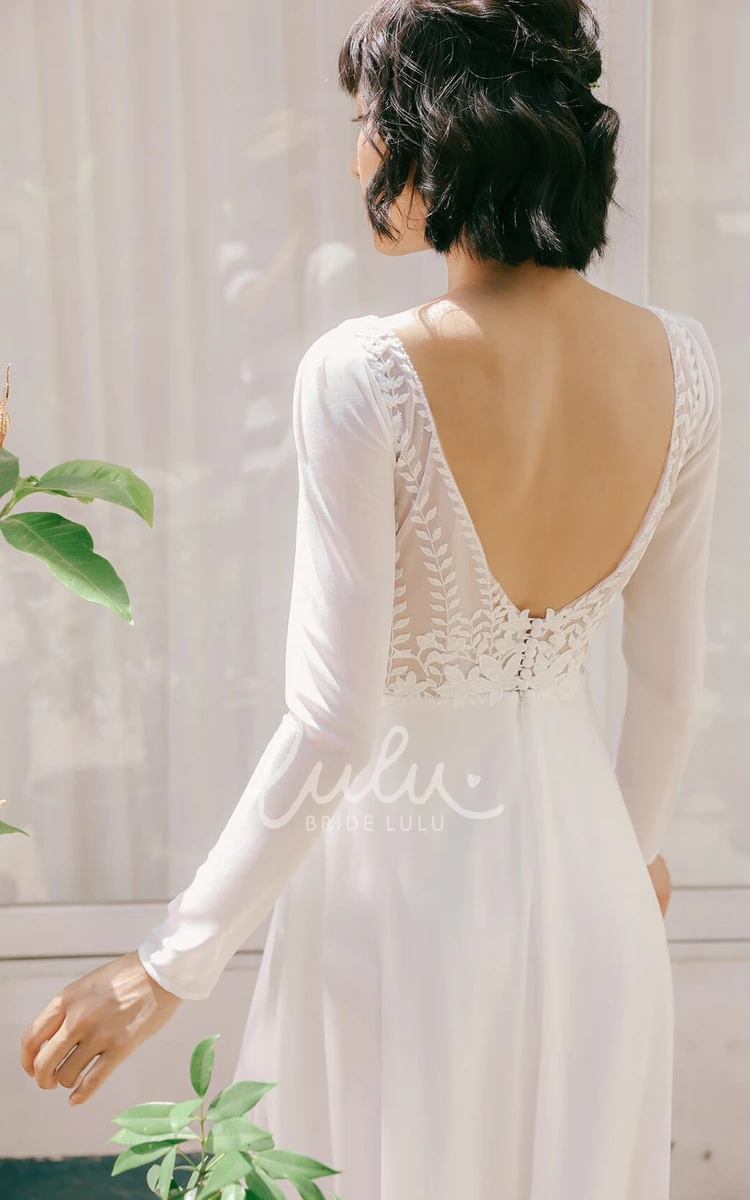 Simple Casual A-Line Long Sleeves Engagement Dress Modest Elegant Romantic Chiffon Floor Length Wedding Gown
