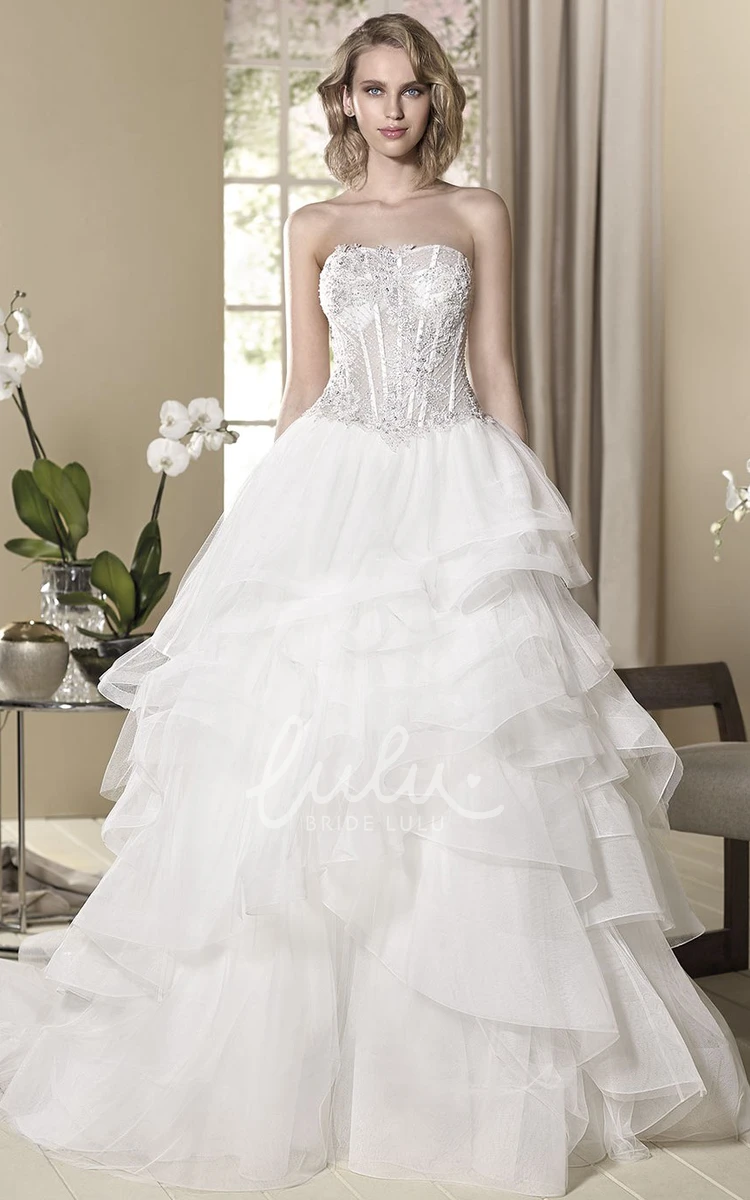 Strapless Tulle Ball Gown Wedding Dress with Ruffles & Appliques