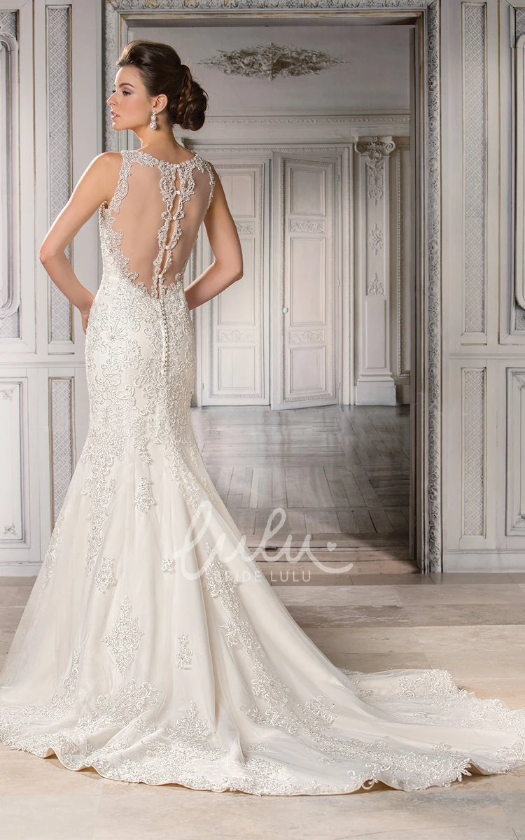 Mermaid Wedding Dress with Appliques and Illusion Back Sleeveless V-Neck Style