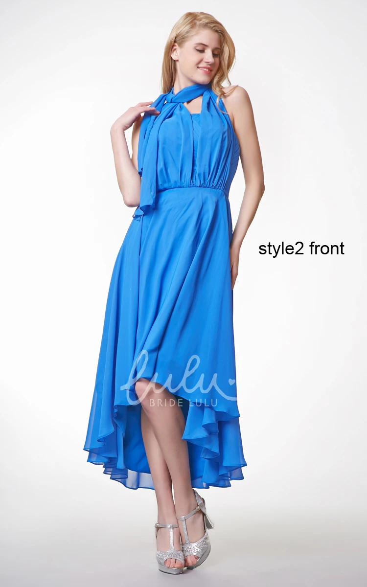 High Low Chiffon Bridesmaid Dress with Ruffles and Sash Short Sleeve