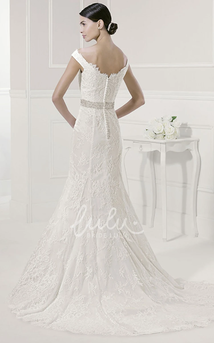 Off Shoulder Mermaid Lace Wedding Dress with Scalloped Neckline and Sash