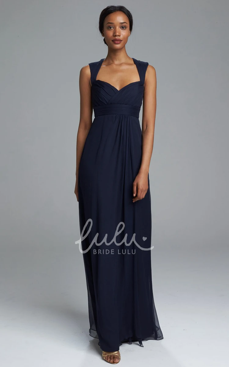 Empire Chiffon Bridesmaid Dress with Ruched Pleats Sleeveless Long Queen-Anne Sheath