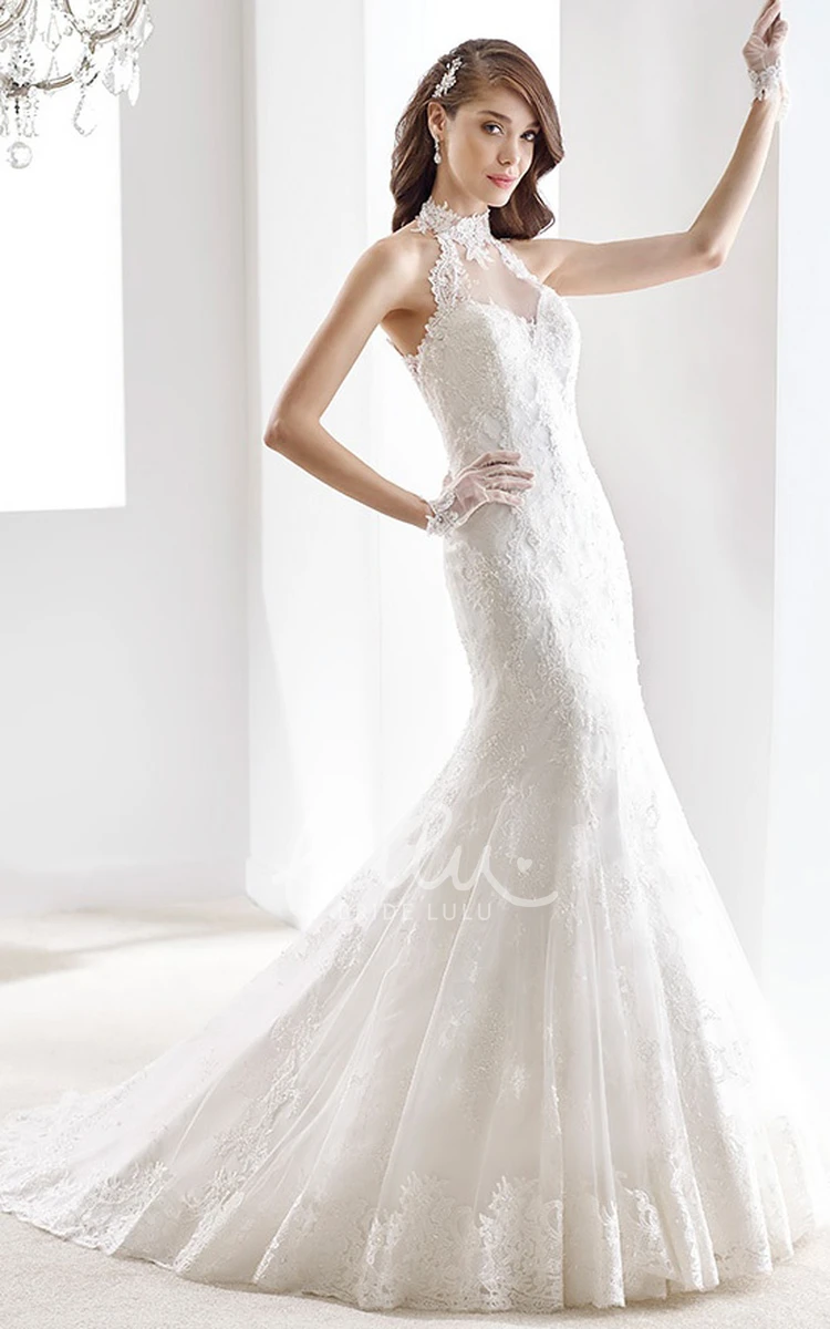 Lace Mermaid Wedding Dress with High Neckline and Brush Train