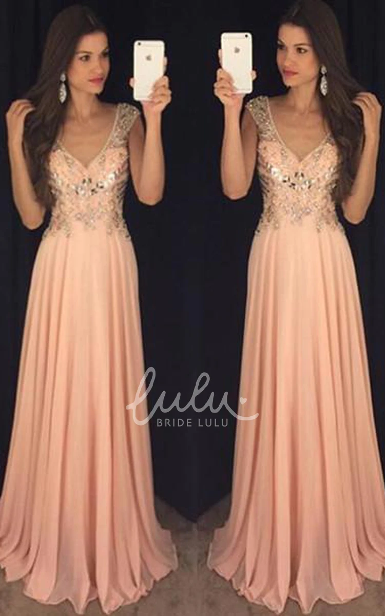 Chiffon A-line V-neck Prom Dress with Crystals and Cap Sleeves Newest Evening Gown