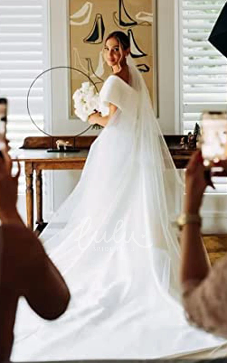 Elegant Satin A-Line Wedding Dress with Off-the-shoulder Neckline and Split Front Short Sleeves