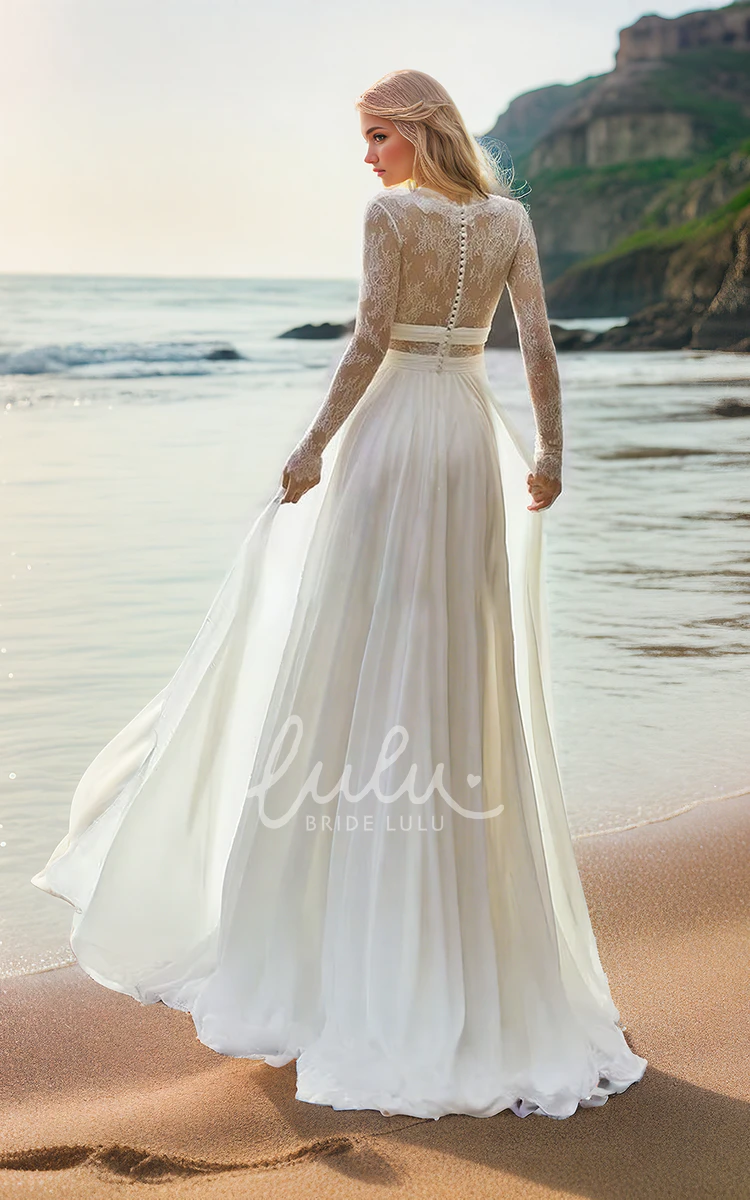 Bohemian Pleated Plunging V-neck A-Line Lace Long Sleeve Floor-length Wedding Dress Gown