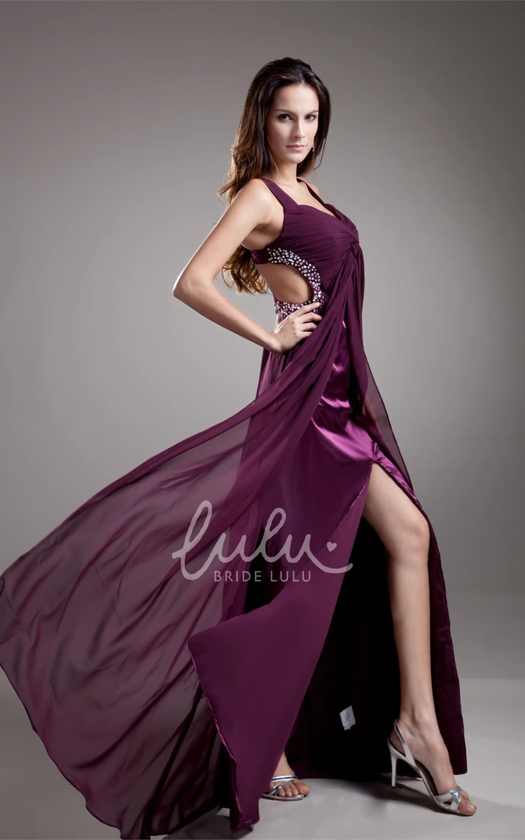 Chiffon Prom Dress with Beading and Front-Split Strapped & Flowy