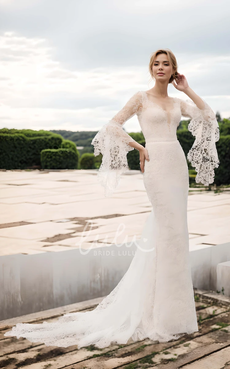 Mermaid Boho Lace Vintage Country Wedding Dress Floral Bell Sleeves Train Gown