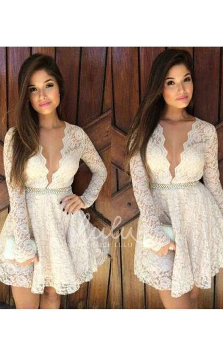 A-line Plunging Neckline Long Sleeve Lace Homecoming Dress with Beading and Ruffles