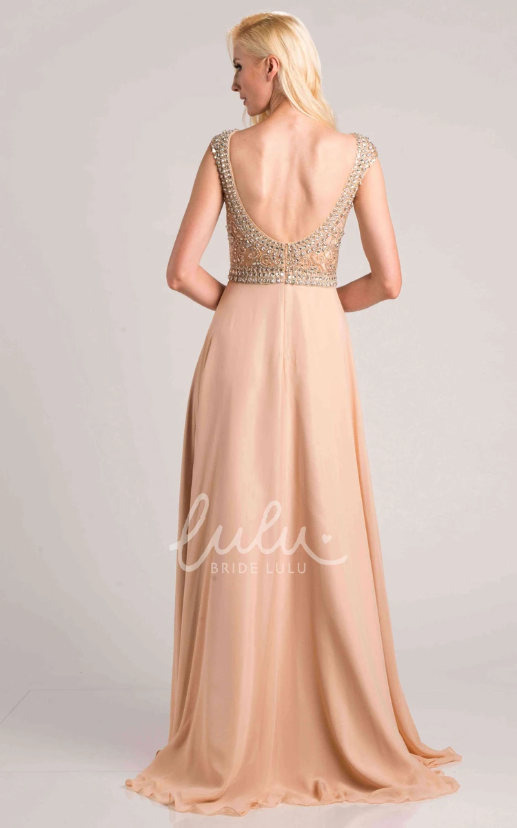 Jeweled A-Line Chiffon Prom Dress with Cap Sleeves and Bateau Neckline