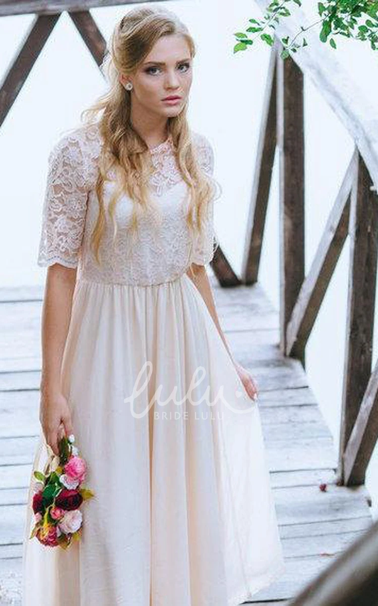 Boho Lace Ankle-Length Chiffon Wedding Dress in Blush A-Line Style