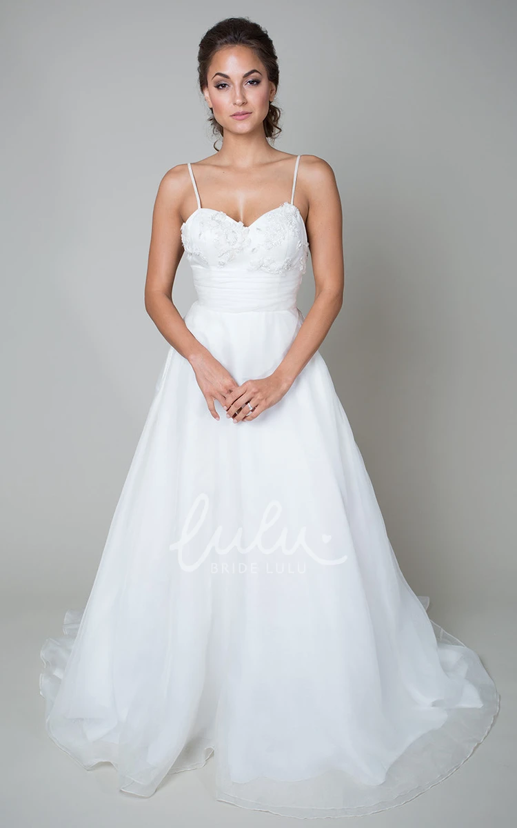 A-Line Spaghetti Appliqued Floor-Length Sleeveless Wedding Dress With Bow A-Line Appliqued Sleeveless Wedding Dress