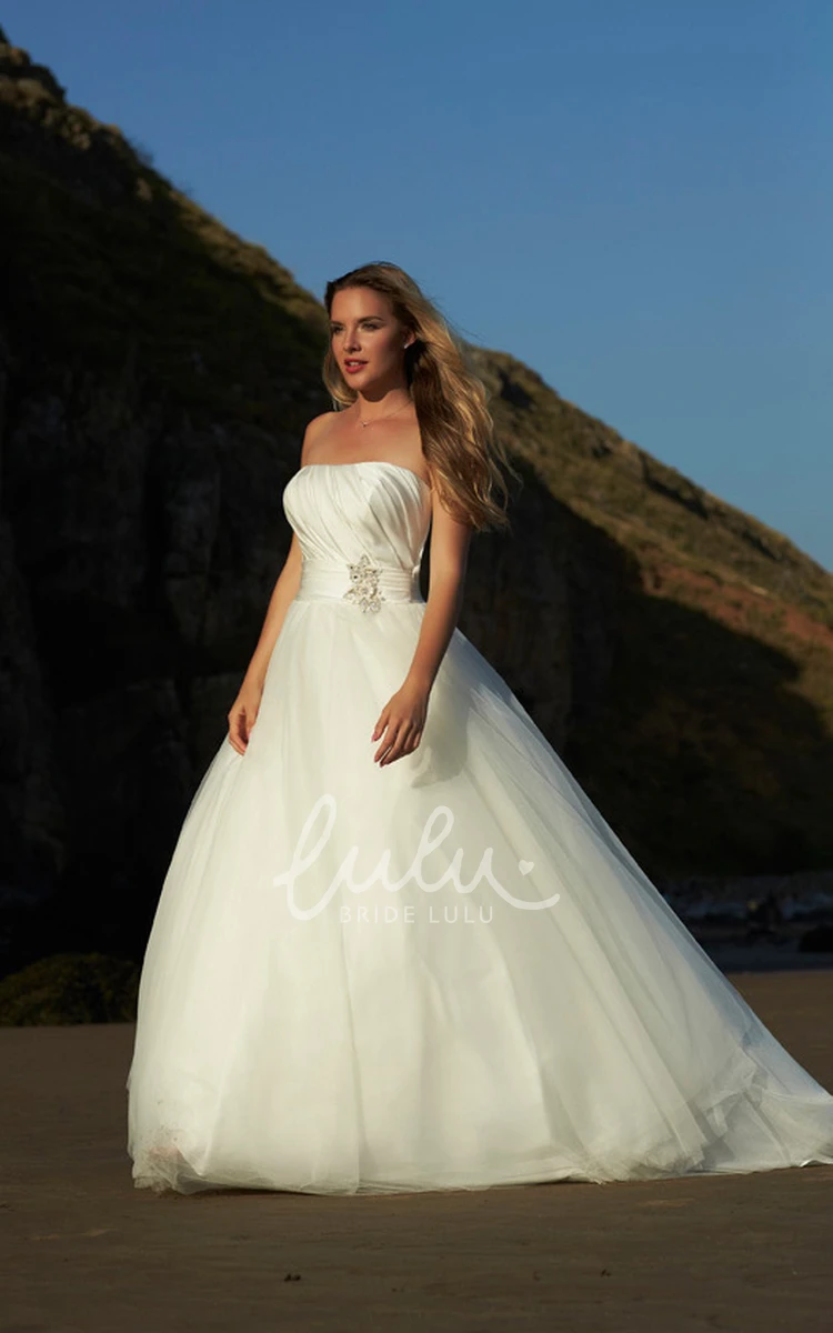 Strapless Tulle&Satin Broach Sleeveless Ball Gown Wedding Dress with Ruching Classic Wedding Dress