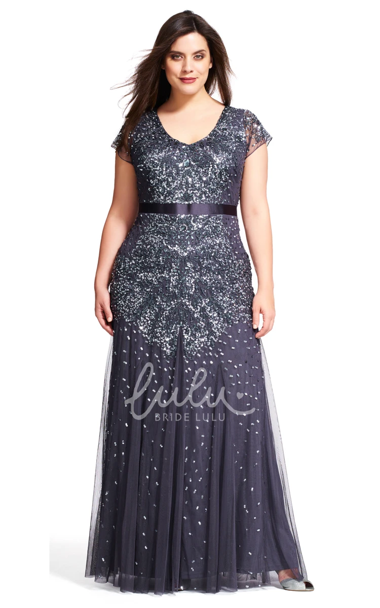 Tulle Sequin Plus Size Bridesmaid Dress V-Neck Pleated Dress