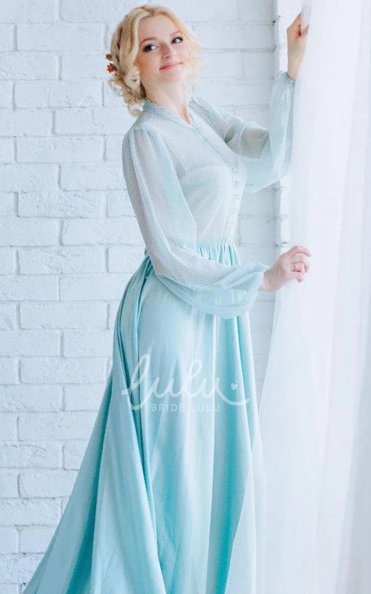 Blue Bridesmaid Gown with Sleeves Elegant Floor-length Jersey & Satin Dress