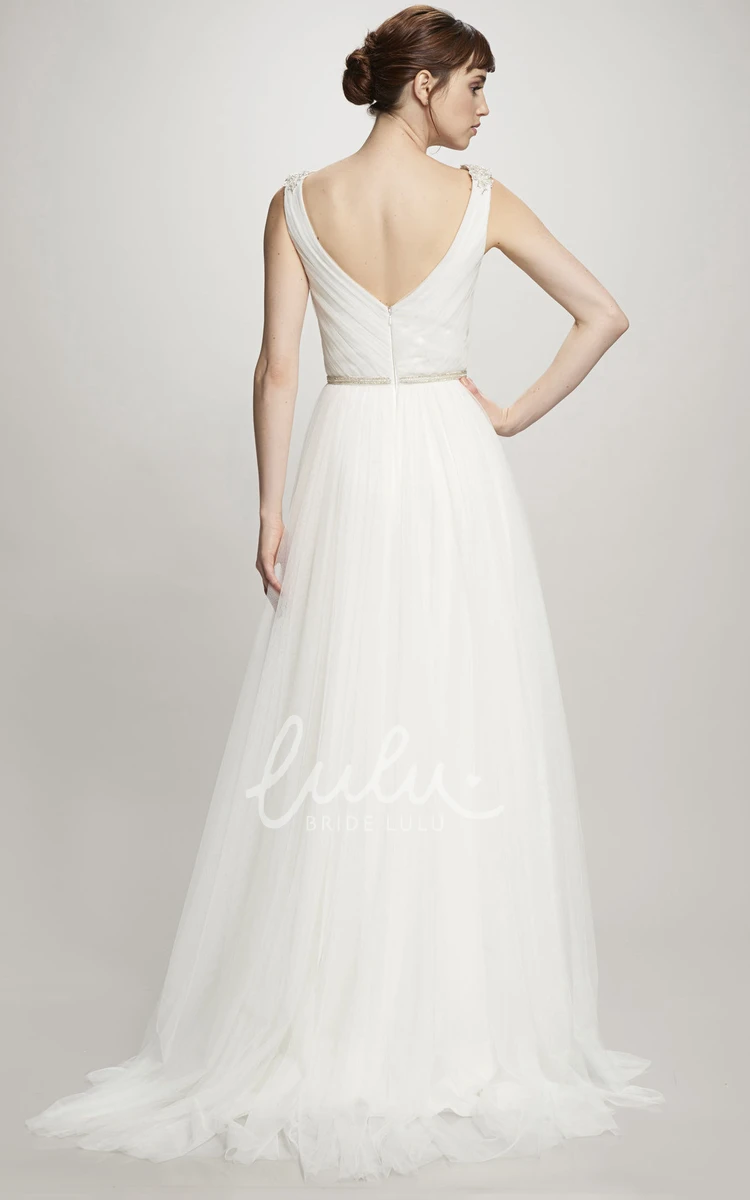 V-Neck Tulle Wedding Dress with Sleeveless and Ruched Bodice