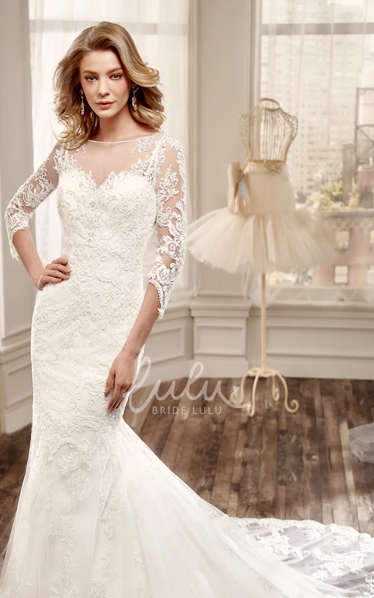 Illusion Back Mermaid Lace Wedding Dress with Court Train 3/4 Sleeve