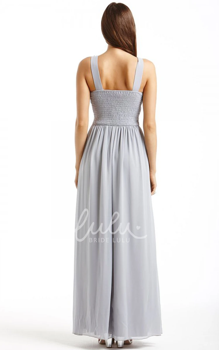 Sleeveless Ruched Chiffon Bridesmaid Dress with Bateau Neck Ankle-Length